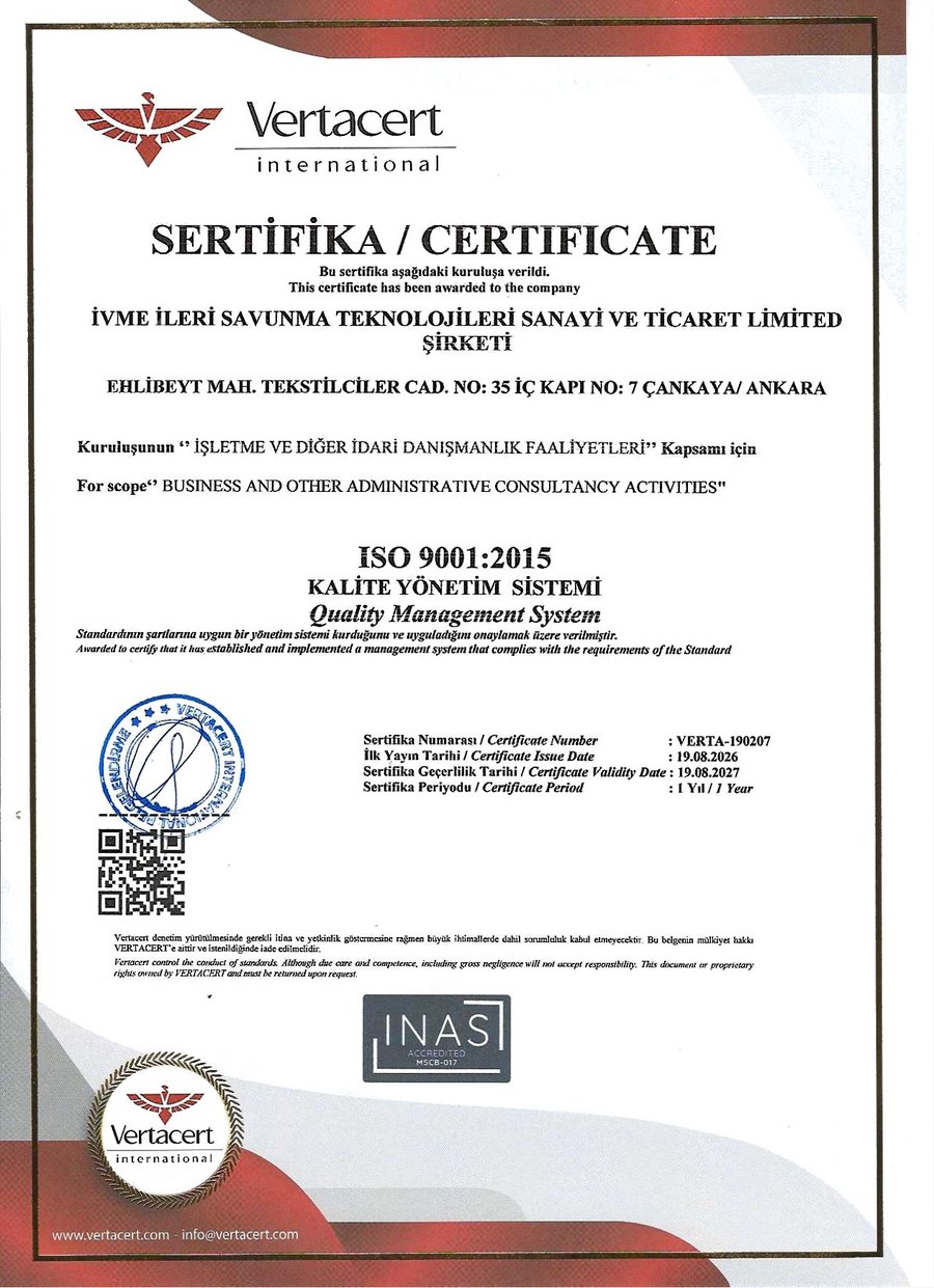 ISO 9001:2015 — Kalite Yönetim Sistemi sertifikası